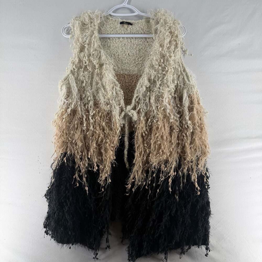 0997 L/XL Milano Shaggy Fringe Open Front Knit Vest Ombre Black and Tan
